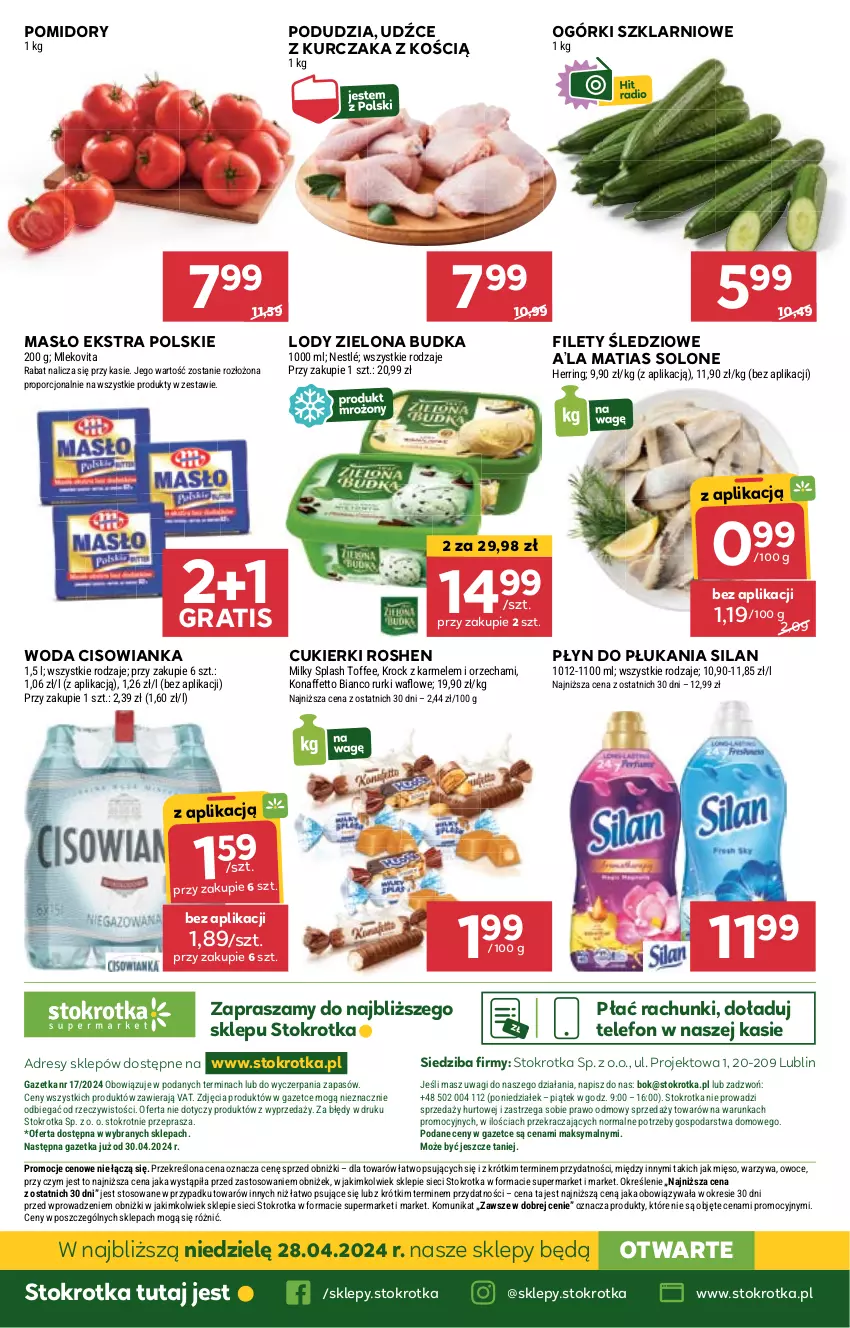 Gazetka promocyjna Stokrotka - Supermarket - ważna 25.04 do 29.04.2024 - strona 34 - produkty: Cisowianka, Cukier, Cukierki, Dres, Gra, JBL, Kurczak, Lody, Masło, Mięso, Mleko, Mlekovita, Nestlé, O nas, Owoce, Płyn do płukania, Pomidory, Por, Rurki, Silan, Telefon, Wagi, Warzywa, Woda, Zielona Budka