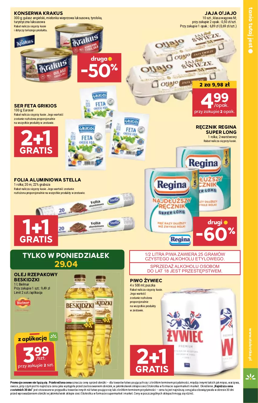 Gazetka promocyjna Stokrotka - Supermarket - ważna 25.04 do 29.04.2024 - strona 5 - produkty: Beskidzki, Feta, Folia aluminiowa, Gin, Gra, Jaja, Krakus, Mięso, Olej, Olej rzepakowy, Owoce, Piwa, Piwo, Por, Ręcznik, Ser, Warzywa