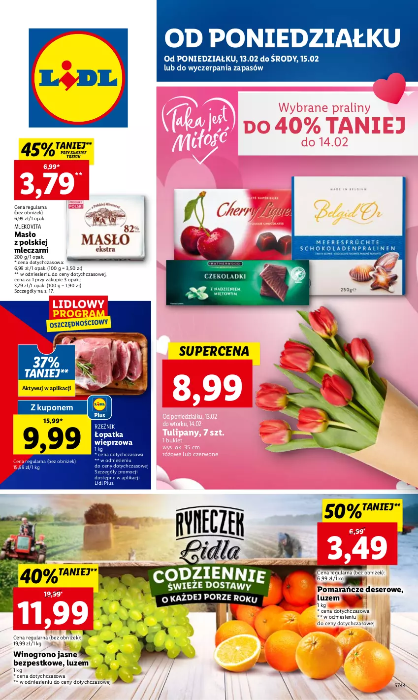 Gazetka promocyjna Lidl - GAZETKA - ważna 13.02 do 15.02.2023 - strona 1 - produkty: Bukiet, Deser, Koc, Masło, Mleko, Mlekovita, Pomarańcze, Praliny, Ser, Tulipan, Wino