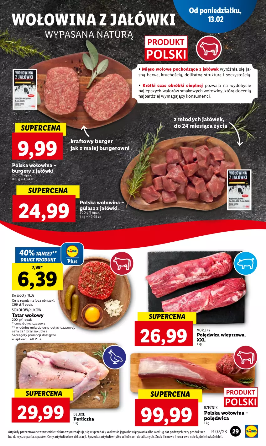 Gazetka promocyjna Lidl - GAZETKA - ważna 13.02 do 15.02.2023 - strona 31 - produkty: Burger, HP, Mięso, Mięso wołowe, Morliny, Perliczka, Polędwica, Sok, Sokołów, Tatar wołowy, Wołowina