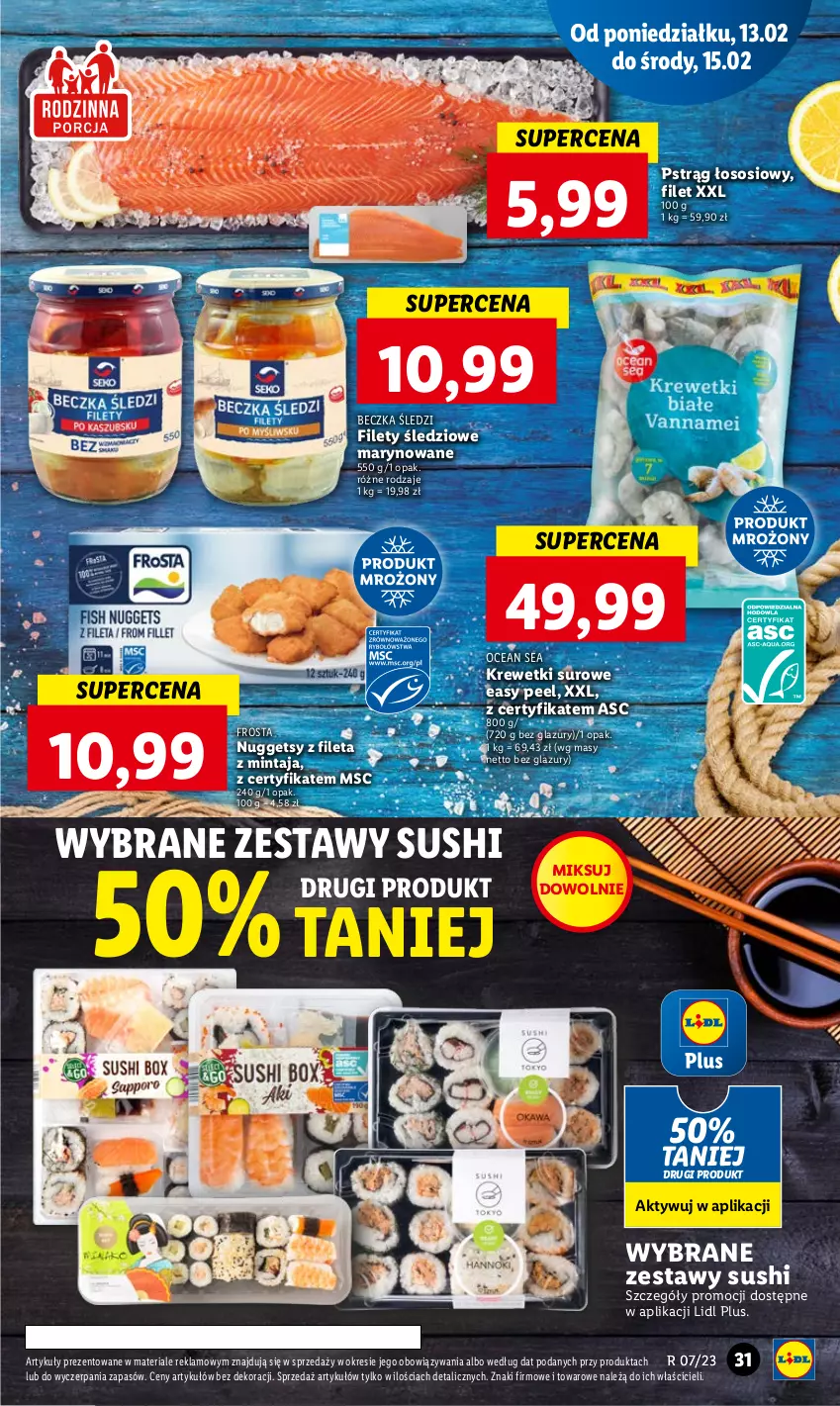 Gazetka promocyjna Lidl - GAZETKA - ważna 13.02 do 15.02.2023 - strona 33 - produkty: Frosta, Krewetki, Lazur, Mintaj, Pstrąg, Pstrąg łososiowy, Sos, Sushi