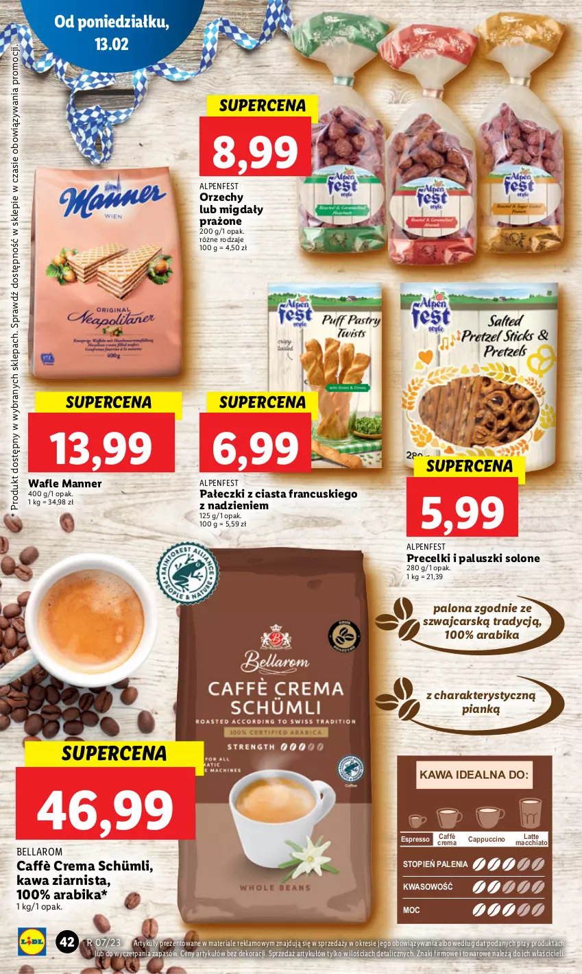 Gazetka promocyjna Lidl - GAZETKA - ważna 13.02 do 15.02.2023 - strona 44 - produkty: Bell, Bella, Cappuccino, Cars, Chia, Kawa, Kawa ziarnista, Migdały, Precelki, Top, Wafle