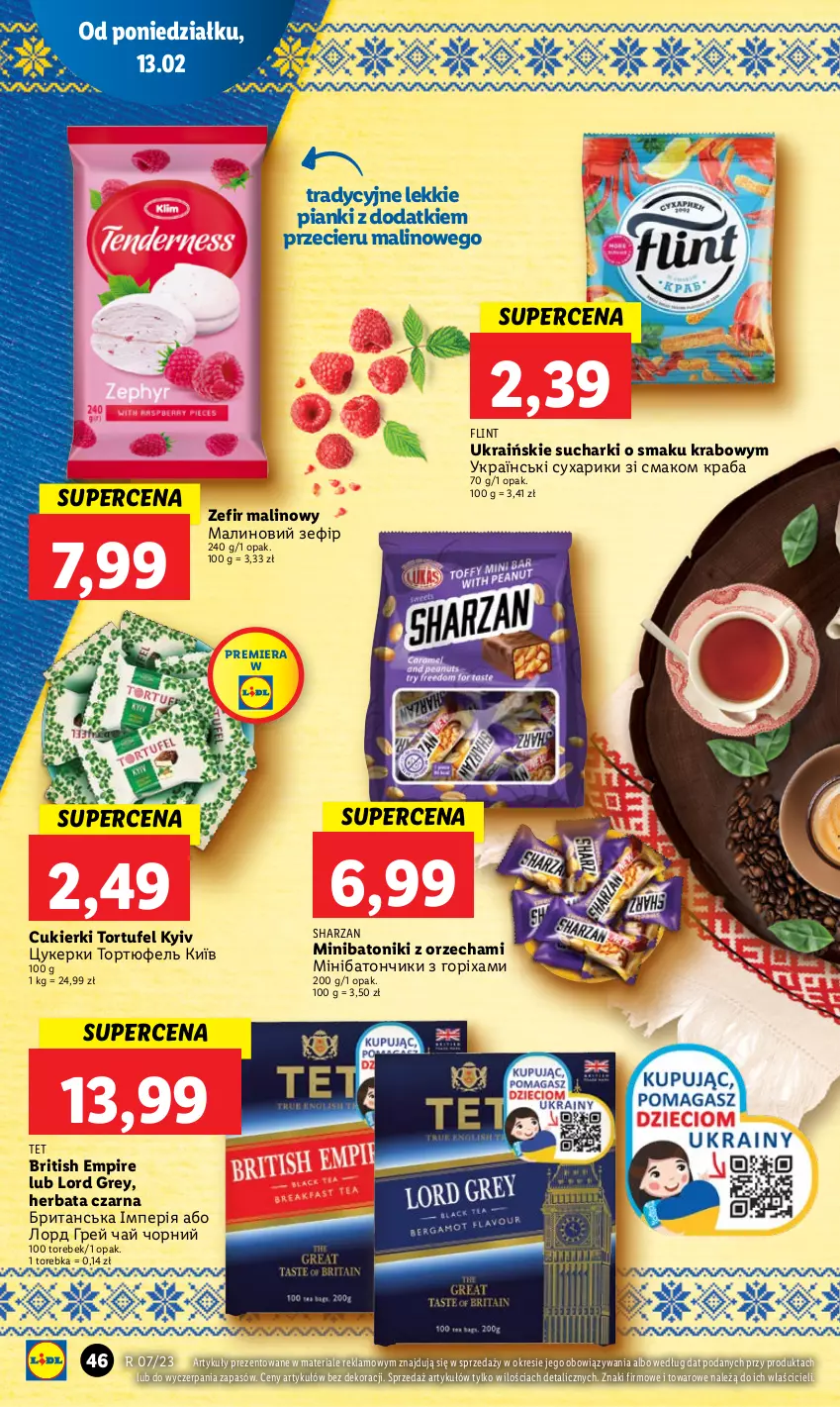 Gazetka promocyjna Lidl - GAZETKA - ważna 13.02 do 15.02.2023 - strona 48 - produkty: Baton, Brit, Cukier, Cukierki, Herbata, Herbata czarna, Tonik, Torebka