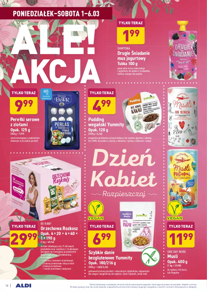 Gazetka promocyjna Aldi - ALE! CENA - ważna 01.03 do 06.03.2021 - strona 18 - produkty: Baton, Ciastka, Dawtona, Jogurt, Kakao, Kokos, Kosz, Mango, Masło, Masło orzechowe, Mus, Pudding, Ryż, Ser, Serek, Serek twarogowy, Tera