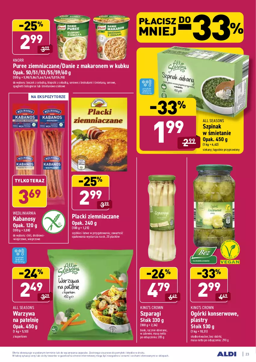 Gazetka promocyjna Aldi - ALE! CENA - ważna 01.03 do 06.03.2021 - strona 23 - produkty: All Seasons, Boczek, Kabanos, King’s Crown, Klopsiki, Knorr, Lack, Makaron, Ogórki konserwowe, Pur, Ser, Spaghetti, Szpinak, Tera, Warzywa