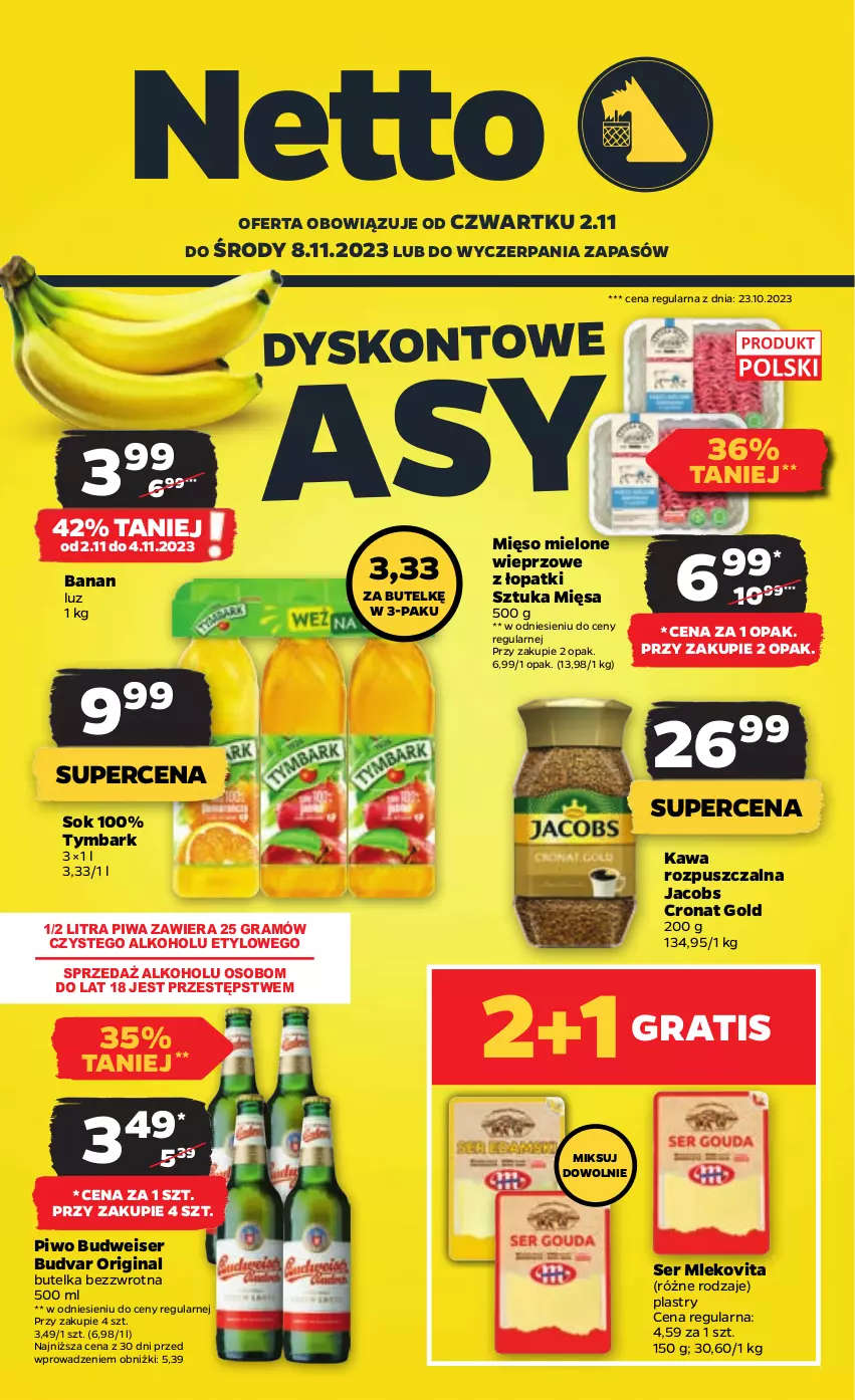 Gazetka promocyjna Netto - Artykuły spożywcze - ważna 02.11 do 08.11.2023 - strona 1 - produkty: Gin, Gra, Jacobs, Kawa, Kawa rozpuszczalna, Mięso, Mięso mielone, Mleko, Mlekovita, Piwa, Piwo, Ser, Sok, Tymbark