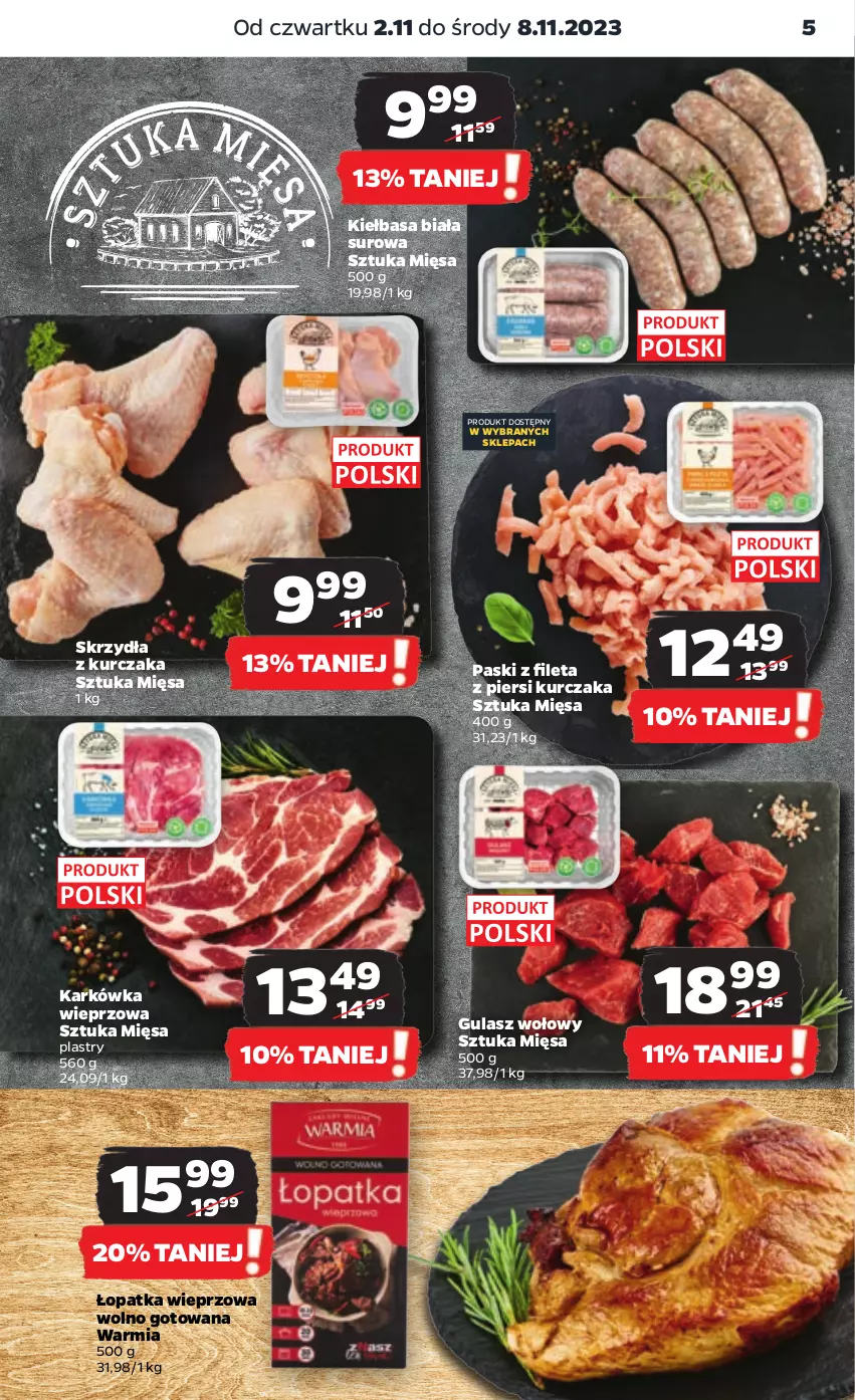 Gazetka promocyjna Netto - Artykuły spożywcze - ważna 02.11 do 08.11.2023 - strona 5 - produkty: Gulasz wołowy, Karkówka wieprzowa, Kiełbasa, Kiełbasa biała, Kurczak