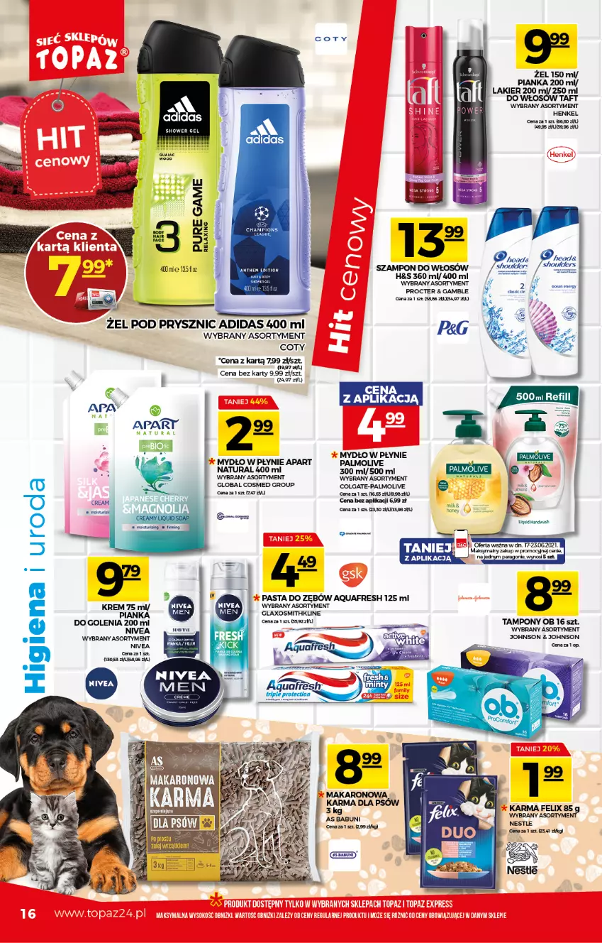 Gazetka promocyjna Topaz - Gazetka - ważna 17.06 do 23.06.2021 - strona 16 - produkty: Adidas, Aquafresh, Body, Colgate, Felix, LG, Mus, Mydło, Mydło w płynie, Nivea, Palmolive, Pasta do zębów, Ser, Tampony