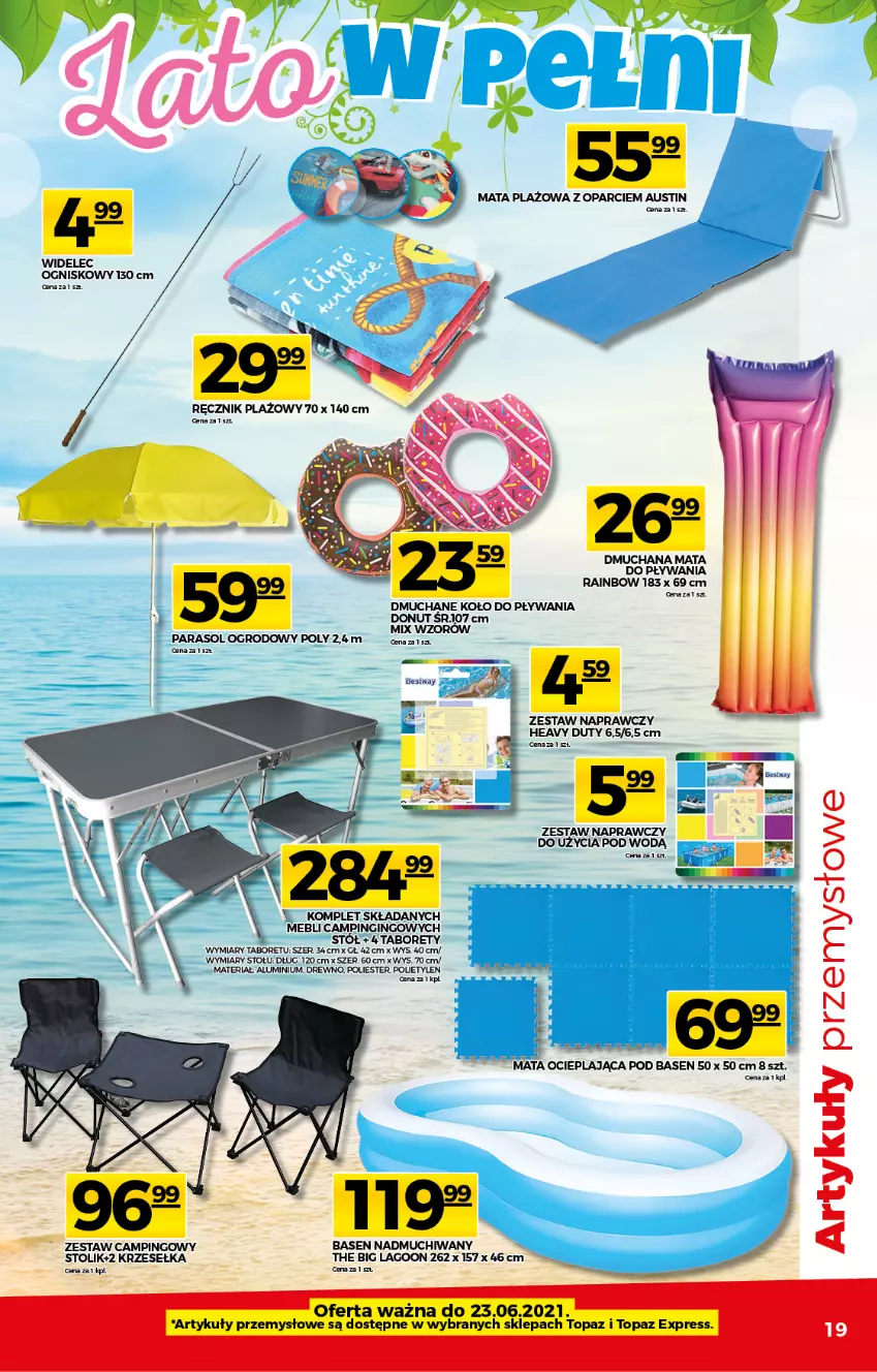 Gazetka promocyjna Topaz - Gazetka - ważna 17.06 do 23.06.2021 - strona 19 - produkty: Donut, Fa, Gin, Parasol, Ręcznik, Stół, Stolik, Taboret, Top, Widelec