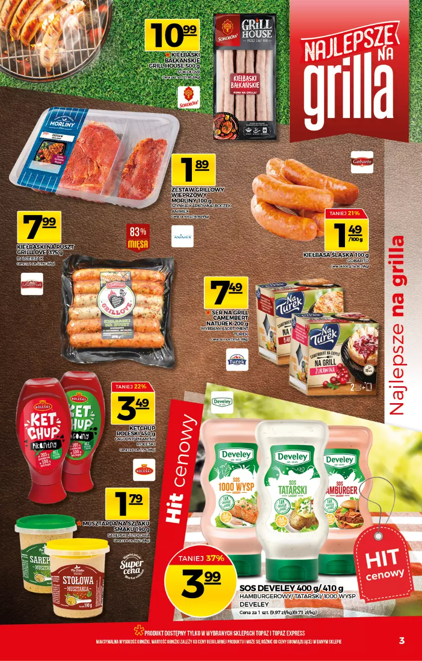 Gazetka promocyjna Topaz - Gazetka - ważna 17.06 do 23.06.2021 - strona 3 - produkty: Burger, Hamburger, Ketchup, Kiełbasa, Mus, Musztarda, Sok, Sos, Top