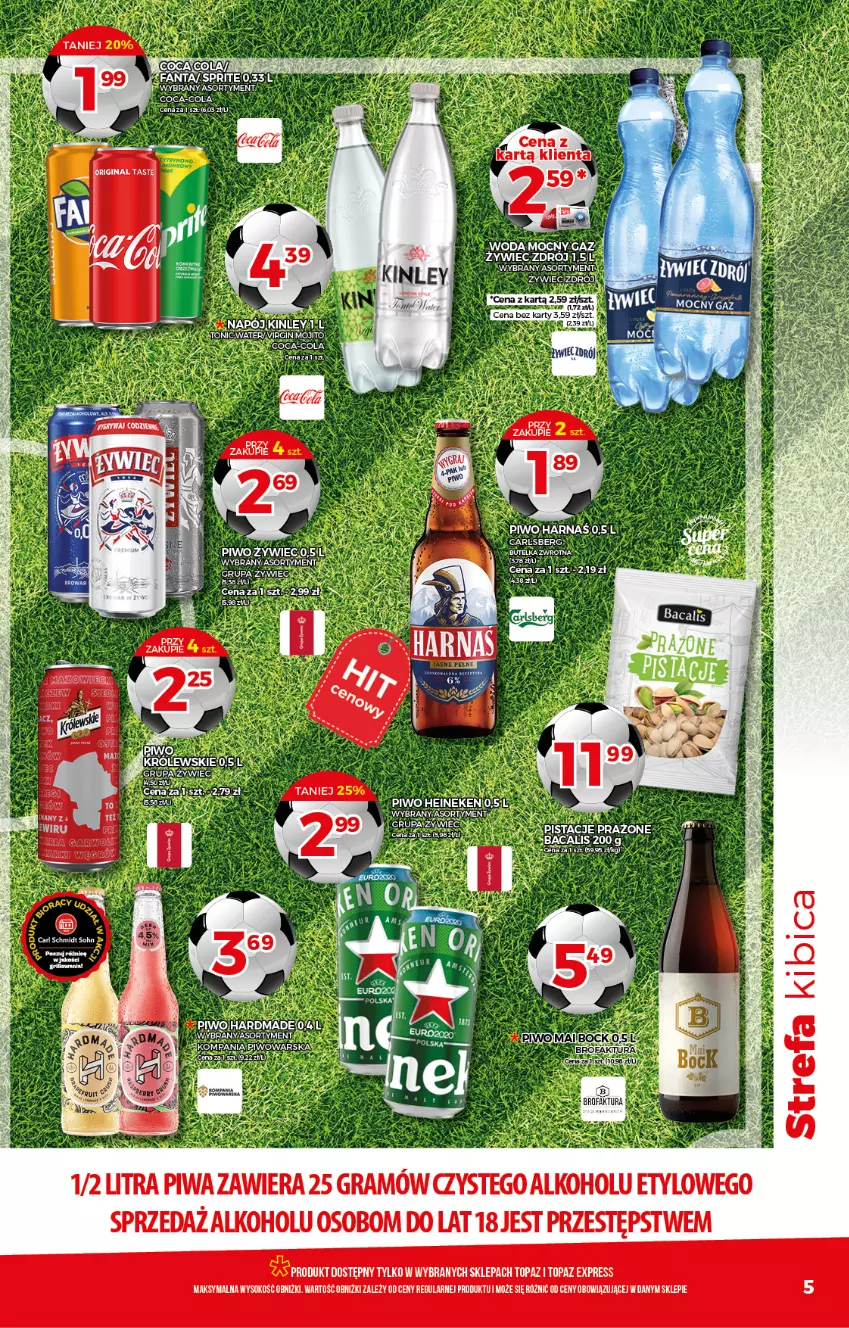 Gazetka promocyjna Topaz - Gazetka - ważna 17.06 do 23.06.2021 - strona 5 - produkty: Carlsberg, Coca-Cola, Fa, Fanta, Gin, Gra, Harnaś, Heineken, Królewski, Piwa, Piwo, Sok, Sprite, Top