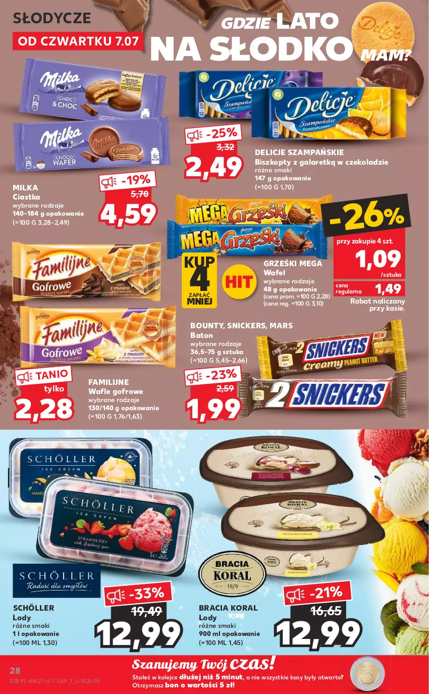 Gazetka promocyjna Kaufland - OFERTA TYGODNIA - ważna 07.07 do 13.07.2022 - strona 28 - produkty: Baton, Biszkopty, Bounty, Ciastka, Delicje, Fa, Gala, Grześki, Lody, Mars, Milka, Olej, Snickers, Wafle