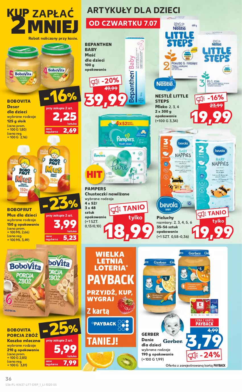 Gazetka promocyjna Kaufland - OFERTA TYGODNIA - ważna 07.07 do 13.07.2022 - strona 36 - produkty: Bepanthen, Bobofrut, BoboVita, Chusteczki, Danie dla dzieci, Deser, Dzieci, Gerber, Gra, Mleko, Mus, Nestlé, Pampers, Pieluchy, Por, Ser