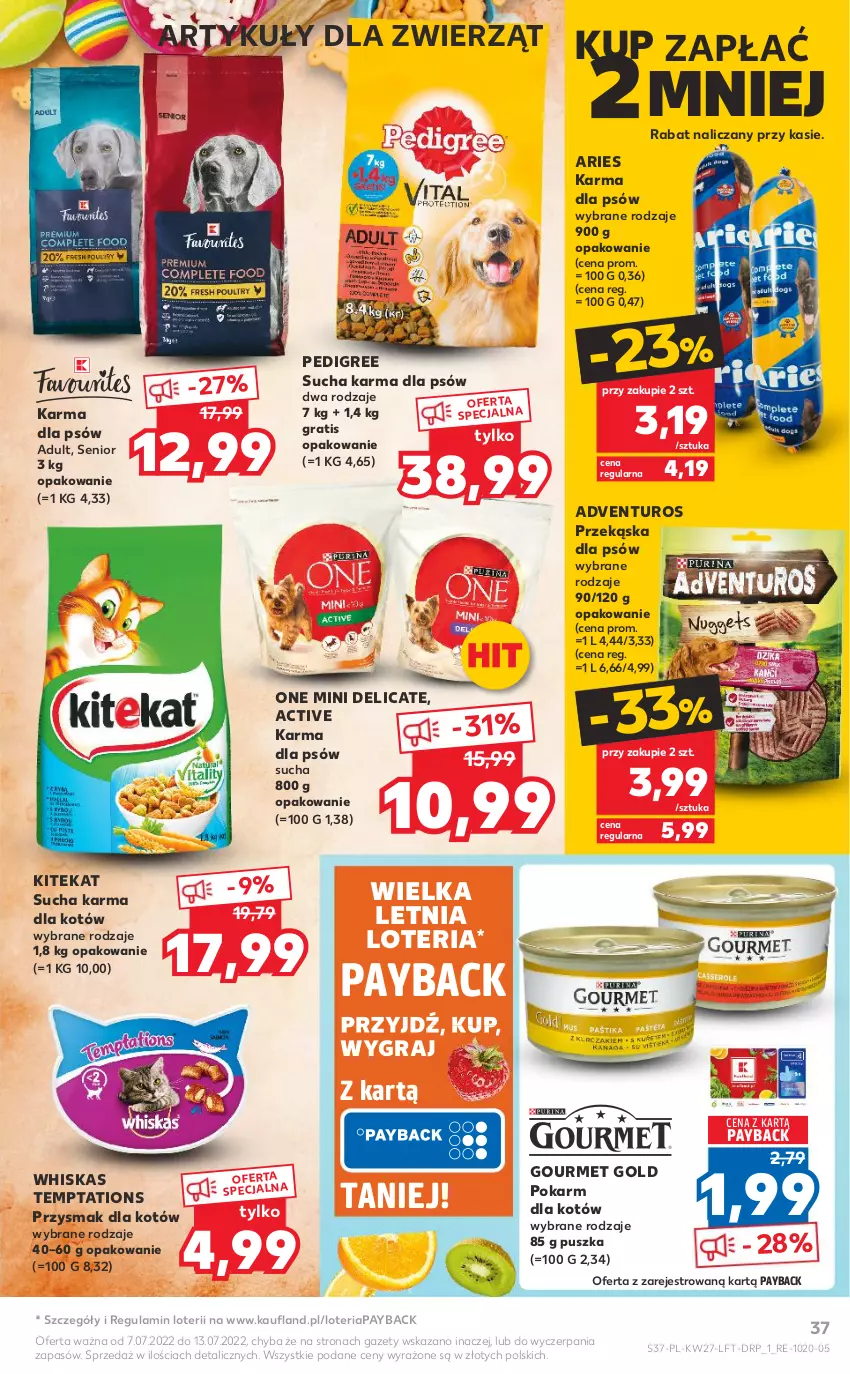 Gazetka promocyjna Kaufland - OFERTA TYGODNIA - ważna 07.07 do 13.07.2022 - strona 37 - produkty: Adventuros, Gourmet Gold, Gra, KiteKat, Pedigree, Przekąska dla psów, Sucha karma, Whiskas