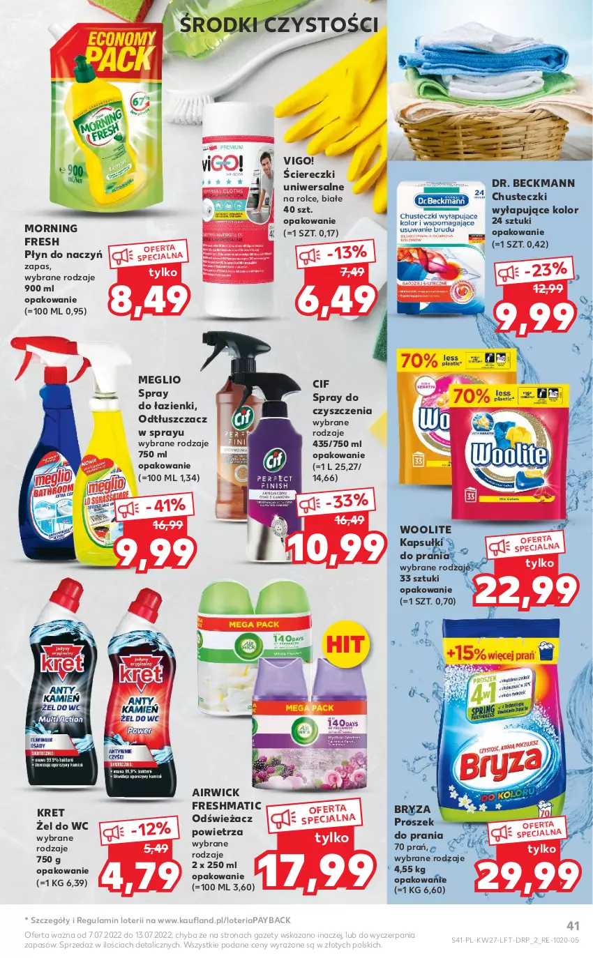 Gazetka promocyjna Kaufland - OFERTA TYGODNIA - ważna 07.07 do 13.07.2022 - strona 41 - produkty: Bryza, Chusteczki, Cif, Kapsułki do prania, Kret, Odświeżacz powietrza, Odtłuszczacz, Proszek do prania, Spray do czyszczenia, Woolite