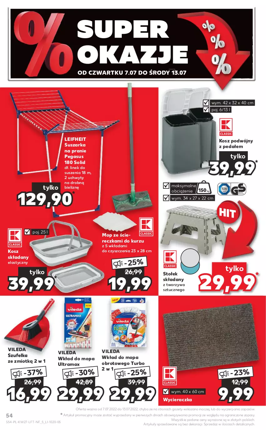 Gazetka promocyjna Kaufland - OFERTA TYGODNIA - ważna 07.07 do 13.07.2022 - strona 54 - produkty: Asus, Gra, Kosz, Mop, Rama, Stołek, Suszarka, Suszarka na pranie, Szufelka, Uchwyty, Vileda, Wkład do mopa, Wycieraczka