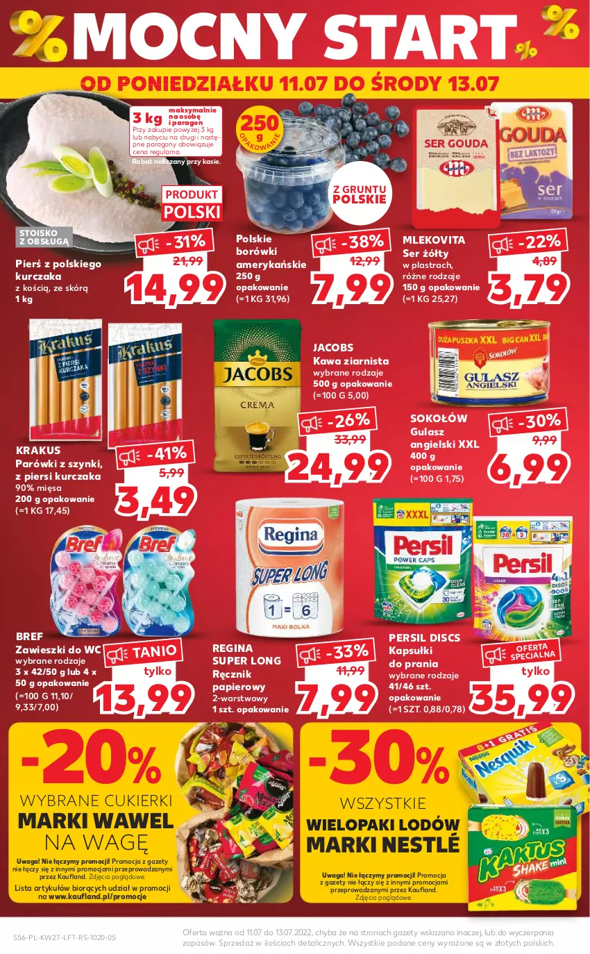 Gazetka promocyjna Kaufland - OFERTA TYGODNIA - ważna 07.07 do 13.07.2022 - strona 56 - produkty: Bref, Cukier, Cukierki, Gin, Grunt, Jacobs, Kapsułki do prania, Kawa, Kawa ziarnista, Krakus, Kurczak, Mleko, Mlekovita, Nestlé, Papier, Parówki, Parówki z szynki, Persil, Ręcznik, Ser, Sok, Sokołów, Waga, Wawel, Zawieszki