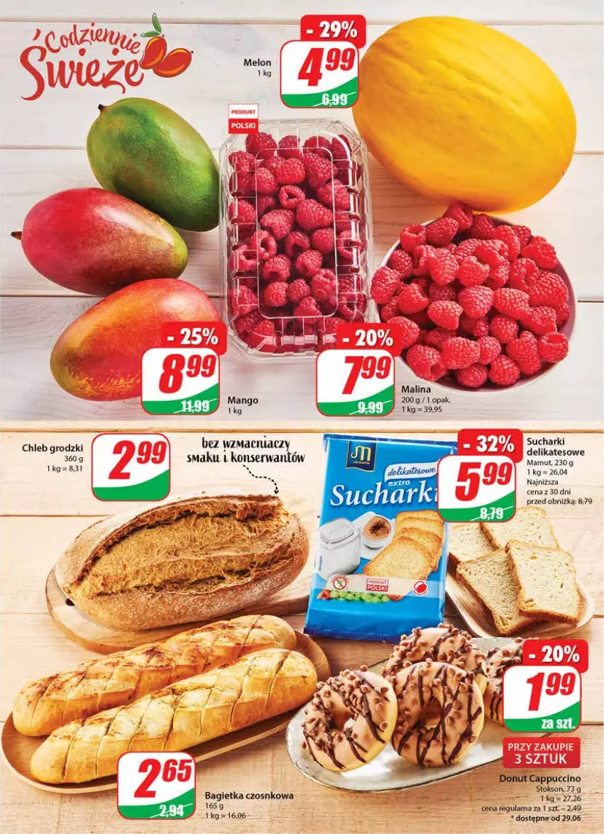 Gazetka promocyjna Dino - G26 - ważna 28.06 do 04.07.2023 - strona 13 - produkty: Bagietka, Bagietka czosnkowa, Cappuccino, Chleb, Donut, Mango, Ser