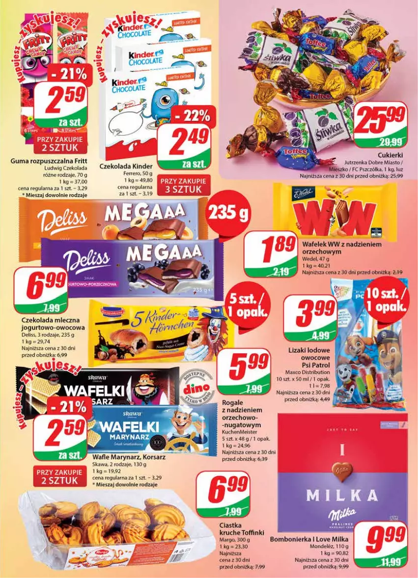 Gazetka promocyjna Dino - G26 - ważna 28.06 do 04.07.2023 - strona 3 - produkty: Ciastka, Cukier, Cukierki, Czekolada, Czekolada mleczna, Deliss, Fa, Ferrero, Guma rozpuszczalna, Jogurt, Jutrzenka, Kawa, Kinder, Lizaki, Milka, Psi Patrol, Rogal, Wafelek