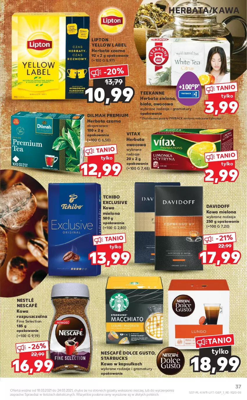 Gazetka promocyjna Kaufland - OFERTA TYGODNIA - ważna 18.03 do 24.03.2021 - strona 37 - produkty: Davidoff, Dilmah, Dolce Gusto, Gra, Herbata, Herbata czarna, Herbata owocowa, Kawa, Kawa mielona, Kawa rozpuszczalna, Lipton, Nescafé, Nestlé, Rama, Tchibo, Teekanne, Vitax