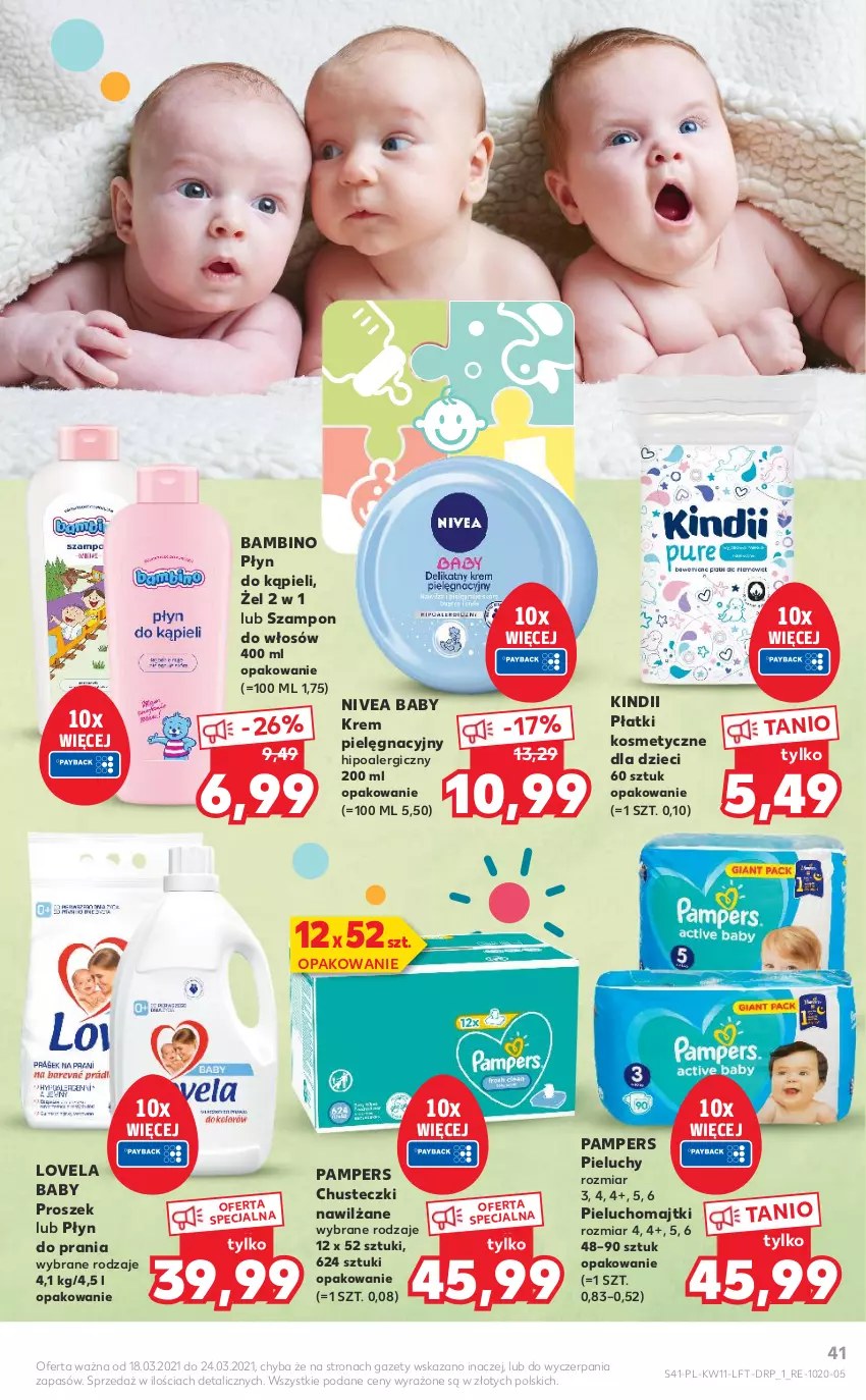 Gazetka promocyjna Kaufland - OFERTA TYGODNIA - ważna 18.03 do 24.03.2021 - strona 41 - produkty: Chusteczki, Dzieci, Kindii, Lovela, Majtki, Nivea, Nivea Baby, Pampers, Pieluchomajtki, Pieluchy, Płatki kosmetyczne, Płyn do kąpieli, Płyn do prania, Szampon