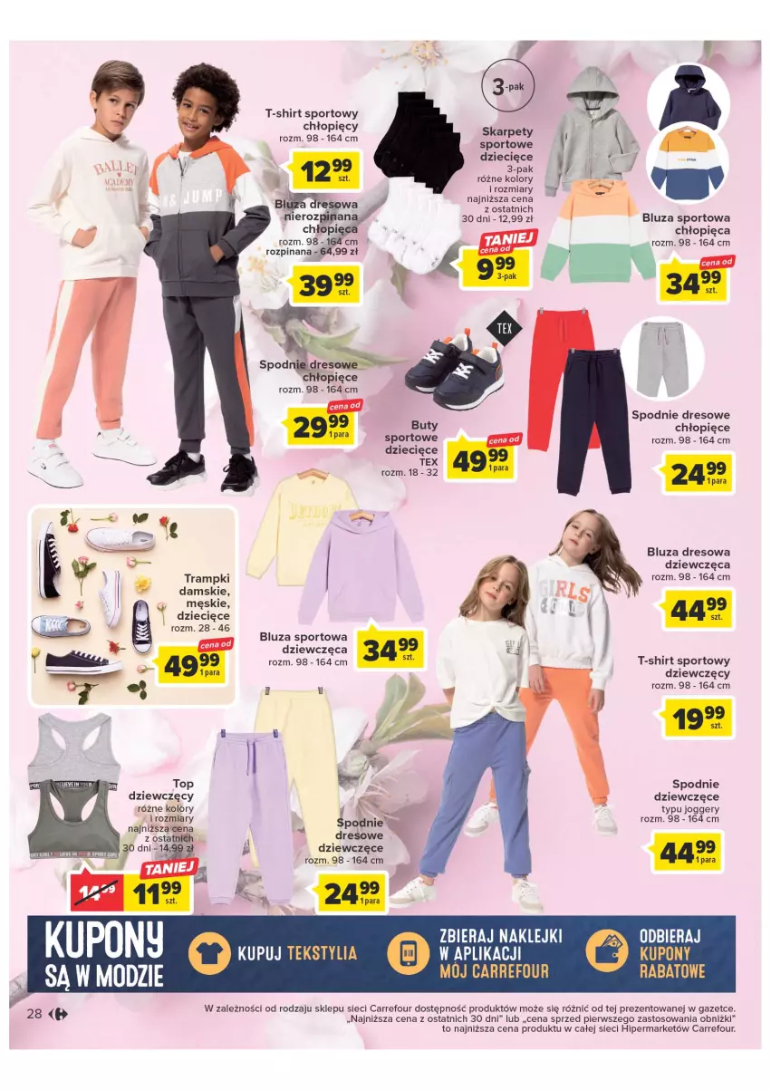 Gazetka promocyjna Carrefour - Gazetka Wiosna w pięknym stylu - ważna 07.03 do 18.03.2023 - strona 28 - produkty: Bluza, Bluza dresowa, Buty, Dres, Dzieci, Karp, Klej, Por, Spodnie, Spodnie dresowe, Sport, T-shirt, Top, Trampki