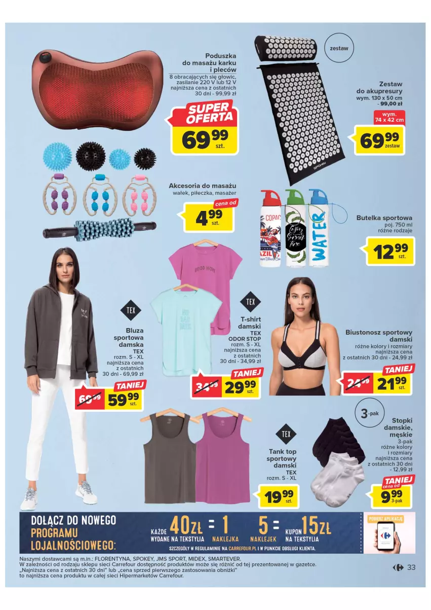 Gazetka promocyjna Carrefour - Gazetka Wiosna w pięknym stylu - ważna 07.03 do 18.03.2023 - strona 33 - produkty: Biustonosz, Bluza, Butelka sportowa, Klej, Masażer, Poduszka, Por, Silan, Sport, T-shirt, Top, Wałek