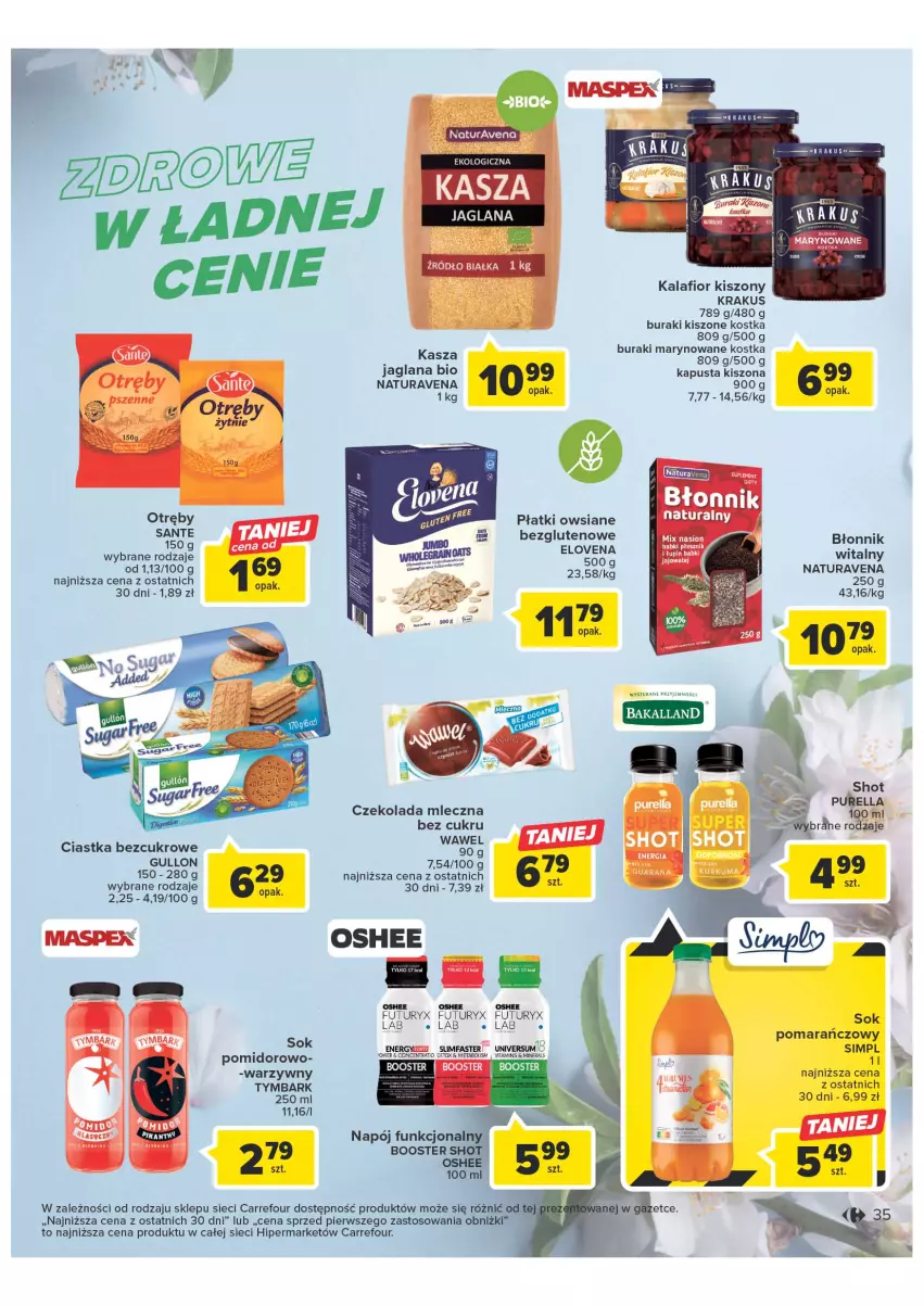 Gazetka promocyjna Carrefour - Gazetka Wiosna w pięknym stylu - ważna 07.03 do 18.03.2023 - strona 35 - produkty: Bakalland, Booster, Buraki, Ciastka, Czekolada, Czekolada mleczna, Kalafior, Kalafior kiszony, Kasza, Kasza jaglana, Krakus, LANA, Oshee, Płatki owsiane, Sok, Sok pomarańczowy, Tymbark