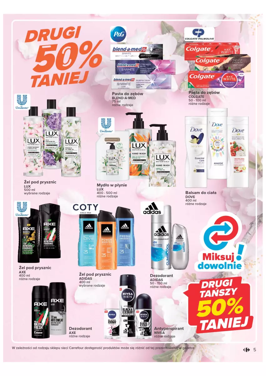 Gazetka promocyjna Carrefour - Gazetka Wiosna w pięknym stylu - ważna 07.03 do 18.03.2023 - strona 5 - produkty: Adidas, Antyperspirant, Balsam do ciała, Blend-a-Med, Colgate, Dezodorant, Dove, LG, Mydło, Mydło w płynie, Nivea, Palmolive, Pasta do zębów