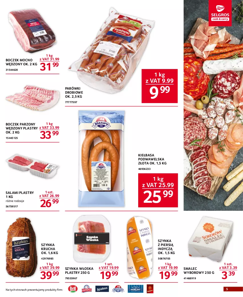 Gazetka promocyjna Selgros - Oferta gastronomiczna - ważna 11.04 do 19.04.2023 - strona 5 - produkty: Boczek, Kiełbasa, Kiełbasa podwawelska, Parówki, Salami, Smalec, Szynka, Wawel