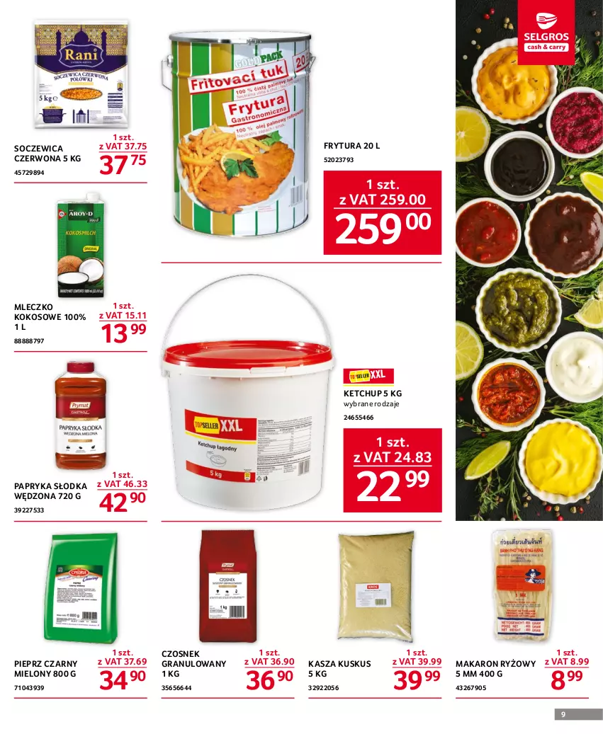 Gazetka promocyjna Selgros - Oferta gastronomiczna - ważna 11.04 do 19.04.2023 - strona 9 - produkty: Czosnek, Czosnek granulowany, Gra, Kasza, Ketchup, Kokos, Kuskus, Makaron, Makaron ryżowy, Mleczko, Papryka, Papryka słodka, Pieprz, Ryż