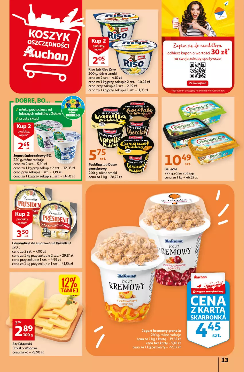 Gazetka promocyjna Auchan - Gazetka Koszyk Oszczędności Auchan Hipermarket - ważna 19.01 do 25.01.2023 - strona 13 - produkty: Benecol, Camembert, Deser, Edam, Jogurt, Pudding, Rolnik, Ser