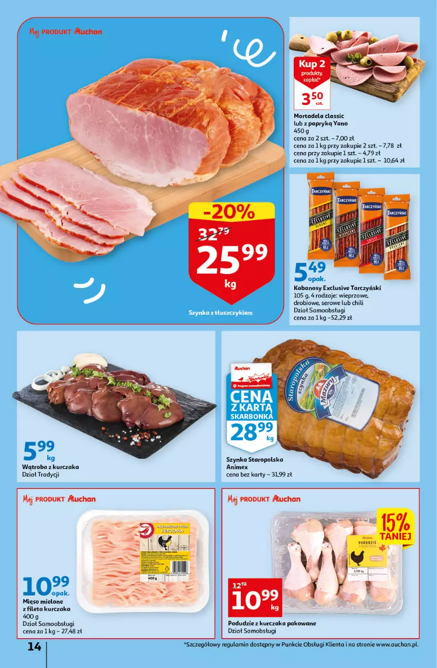 Gazetka promocyjna Auchan - Gazetka Koszyk Oszczędności Auchan Hipermarket - ważna 19.01 do 25.01.2023 - strona 14 - produkty: Kabanos, Kurczak, Mięso, Mięso mielone, Podudzie z kurczaka, Ser, Szynka, Tarczyński