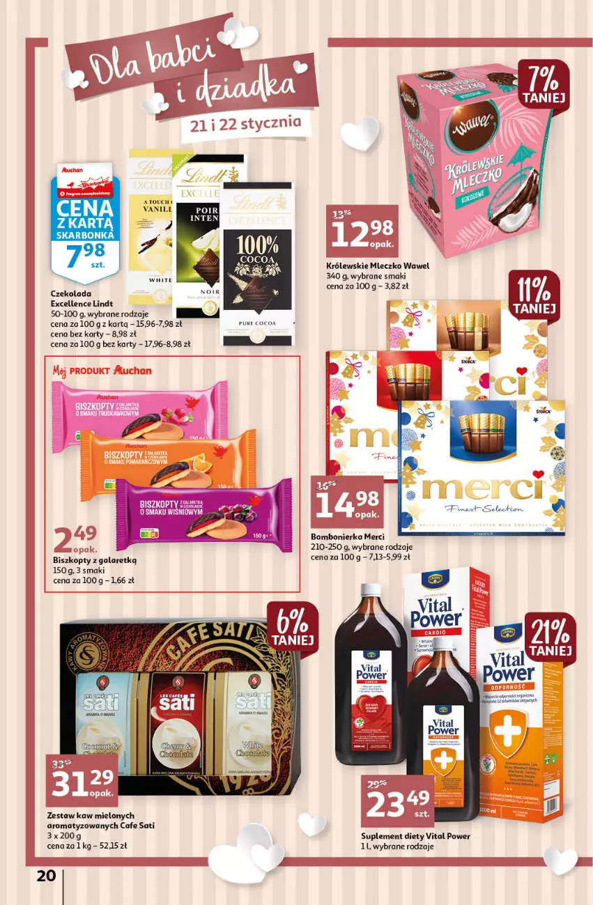 Gazetka promocyjna Auchan - Gazetka Koszyk Oszczędności Auchan Hipermarket - ważna 19.01 do 25.01.2023 - strona 20 - produkty: Biszkopty, Czekolada, Gala, Królewski, Królewskie Mleczko, Lindt, Merci, Mleczko, Piwa, Por, Pur, Sati, Suplement diety, Wawel