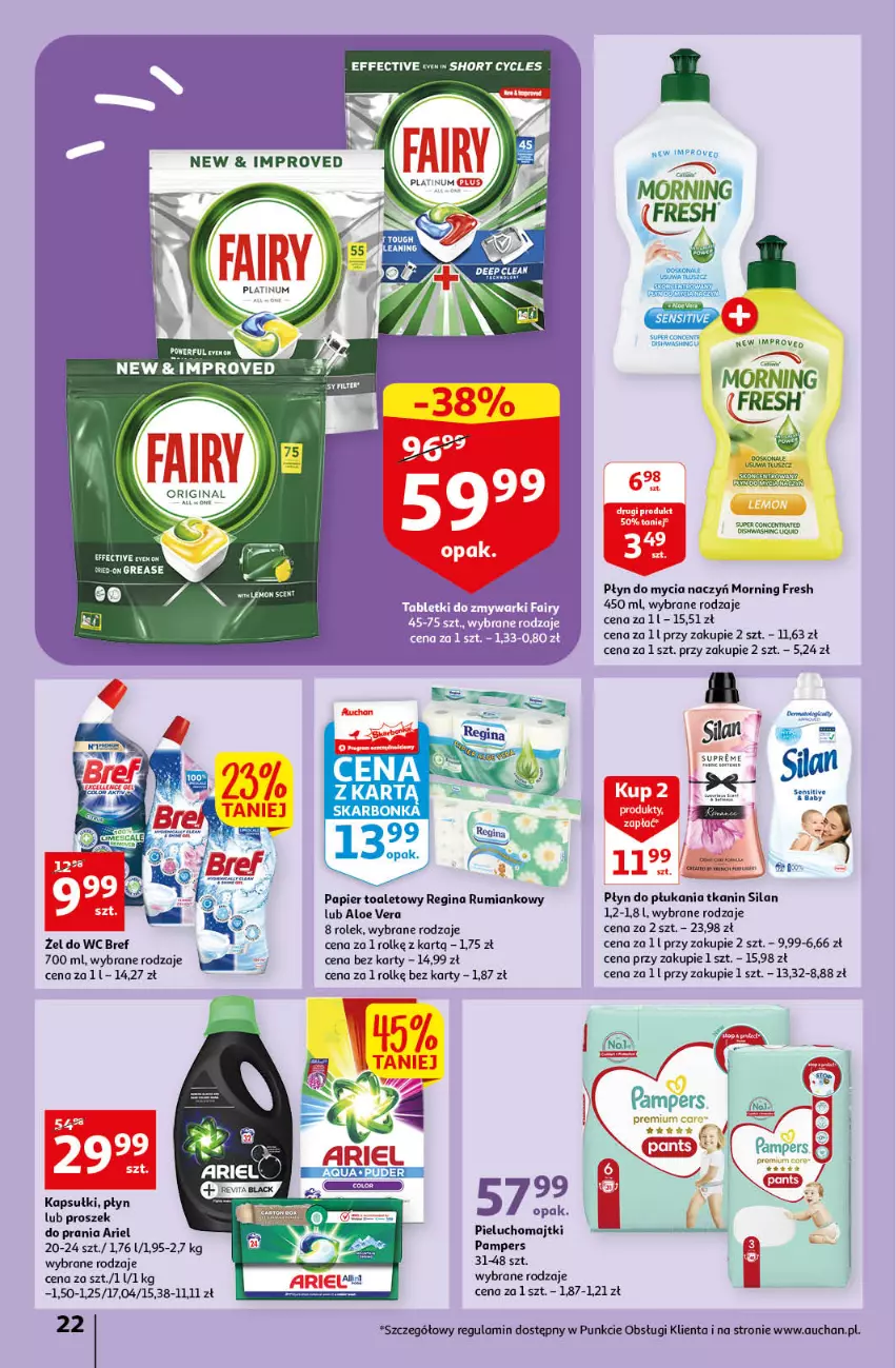 Gazetka promocyjna Auchan - Gazetka Koszyk Oszczędności Auchan Hipermarket - ważna 19.01 do 25.01.2023 - strona 22 - produkty: Aloe vera, Ariel, Bref, Do mycia naczyń, Gin, Majtki, Pampers, Papier, Papier toaletowy, Pieluchomajtki, Płyn do mycia, Płyn do mycia naczyń, Płyn do płukania, Proszek do prania, Rum, Silan