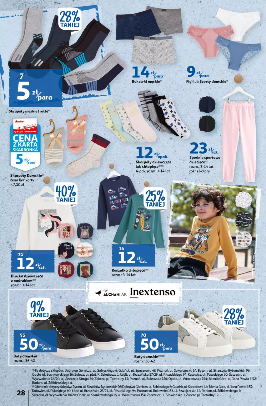 Gazetka promocyjna Auchan - Gazetka Koszyk Oszczędności Auchan Hipermarket - ważna 19.01 do 25.01.2023 - strona 28 - produkty: Acer, Bokserki, Buty, Cars, Dzieci, Figi, Karp, Kosz, Koszulka, Por, Ser, Sos, Spodnie, Spodnie sportowe, Sport, Szorty