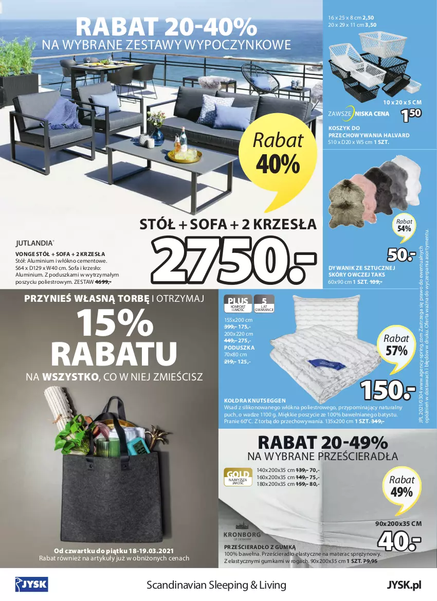 Gazetka promocyjna Jysk - Oferta tygodnia - ważna 17.03 do 31.03.2021 - strona 25 - produkty: Cement, Dywan, Dywanik, Fa, Kołdra, Kosz, Krzesło, Materac, Materac sprężynowy, Poduszka, Prześcieradło, Sofa, Stół, Tera, Wełna