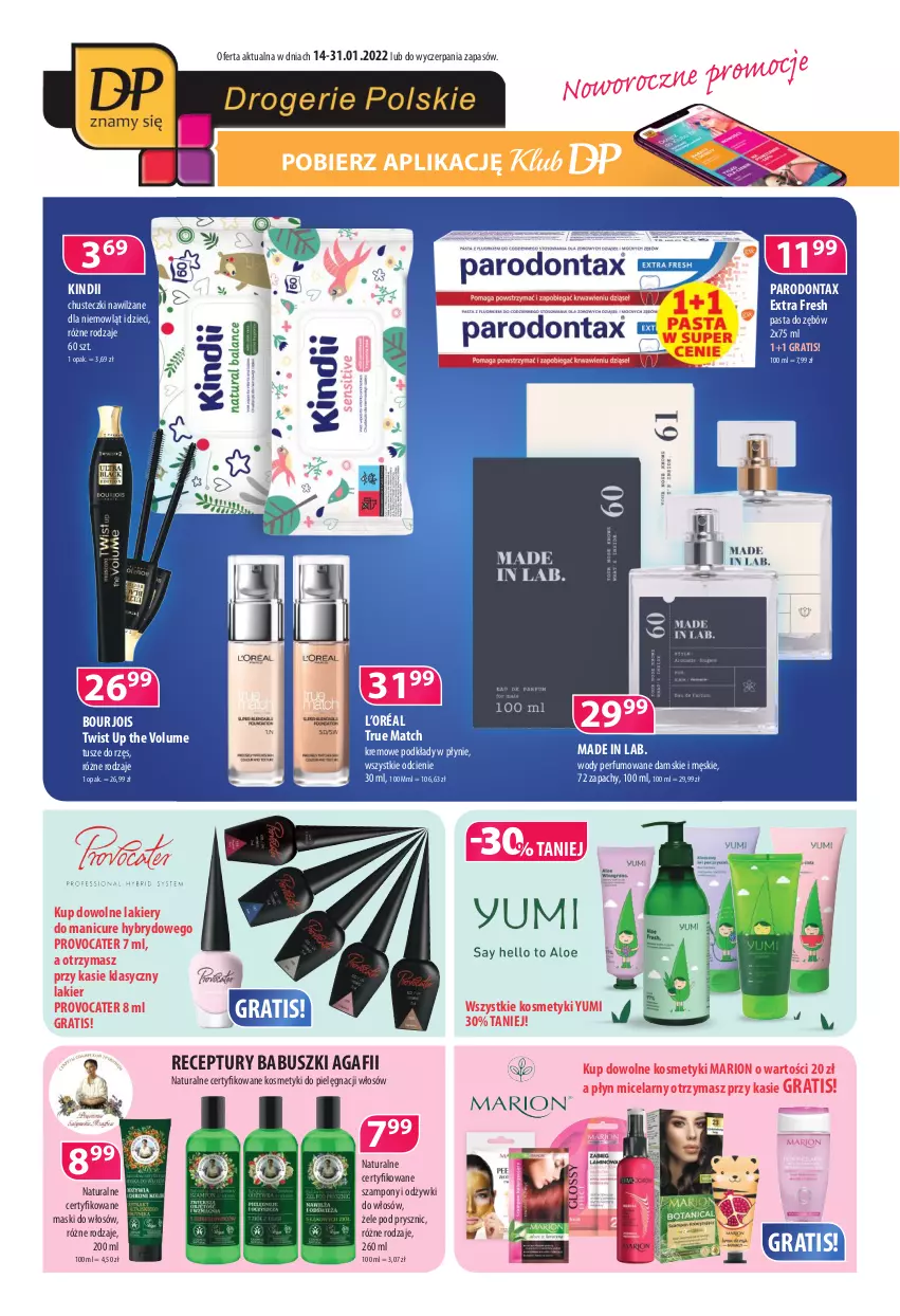 Gazetka promocyjna Drogerie Polskie - Gazetka - ważna 14.01 do 31.01.2022 - strona 1 - produkty: Bourjois, Chusteczki, Dzieci, Gra, Kindii, Kosmetyki do pielęgnacji, L’Oréal, Lakier, Parodontax, Pasta do zębów, Perfum, Płyn micelarny, Podkład, Szampon, Tusz