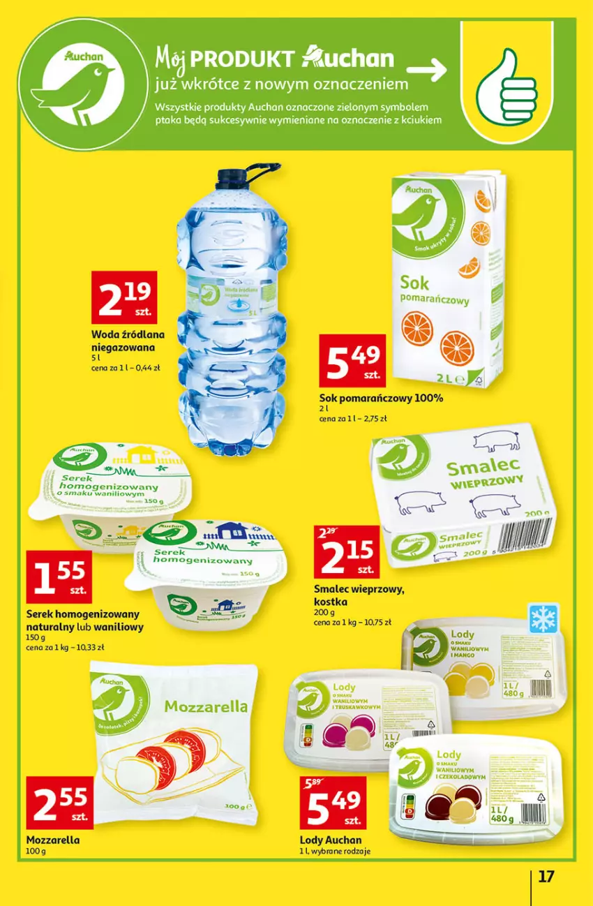 Gazetka promocyjna Auchan - Gazetka przeNISKIE CENY – Przekorzyści cenowe Hipermarkety - ważna 22.09 do 28.09.2022 - strona 17 - produkty: LANA, Lody, Mango, Mozzarella, Ser, Serek, Serek homogenizowany, Smalec, Sok, Sok pomarańczowy, Woda