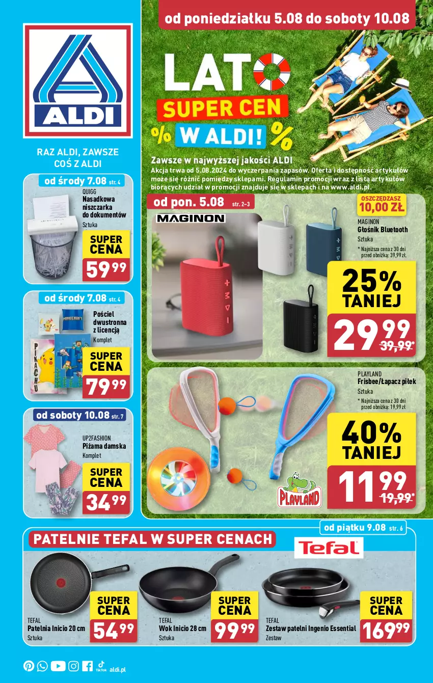 Gazetka promocyjna Aldi - Artykuły przemysłowe i tekstylia - ważna 05.08 do 10.08.2024 - strona 1 - produkty: Fa, Gin, Głośnik, Głośnik bluetooth, Niszczarka, Patelnia, Piżama, Pościel, Pościel dwustronna, Tefal