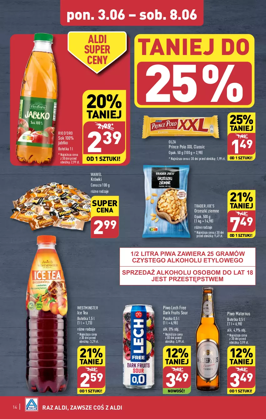 Gazetka promocyjna Aldi - Pełna oferta - ważna 03.06 do 08.06.2024 - strona 14 - produkty: Gra, Ice tea, Orzeszki, Orzeszki ziemne, Piwa, Piwo, Prince Polo, Sok, Wawel