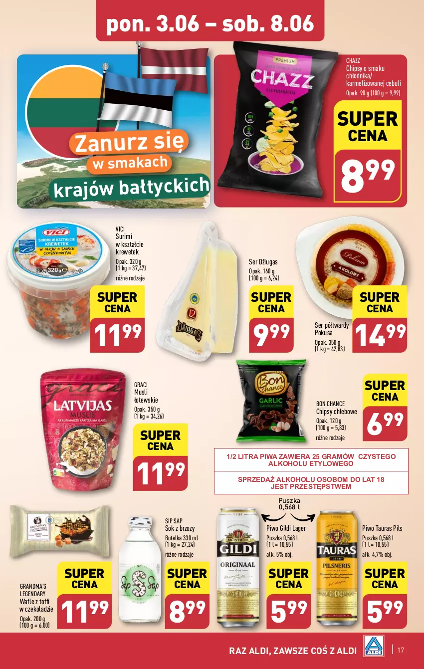 Gazetka promocyjna Aldi - Pełna oferta - ważna 03.06 do 08.06.2024 - strona 17 - produkty: Chipsy, Chleb, Gra, Mus, Piwa, Piwo, Ser, Sok, Surimi, Wafle