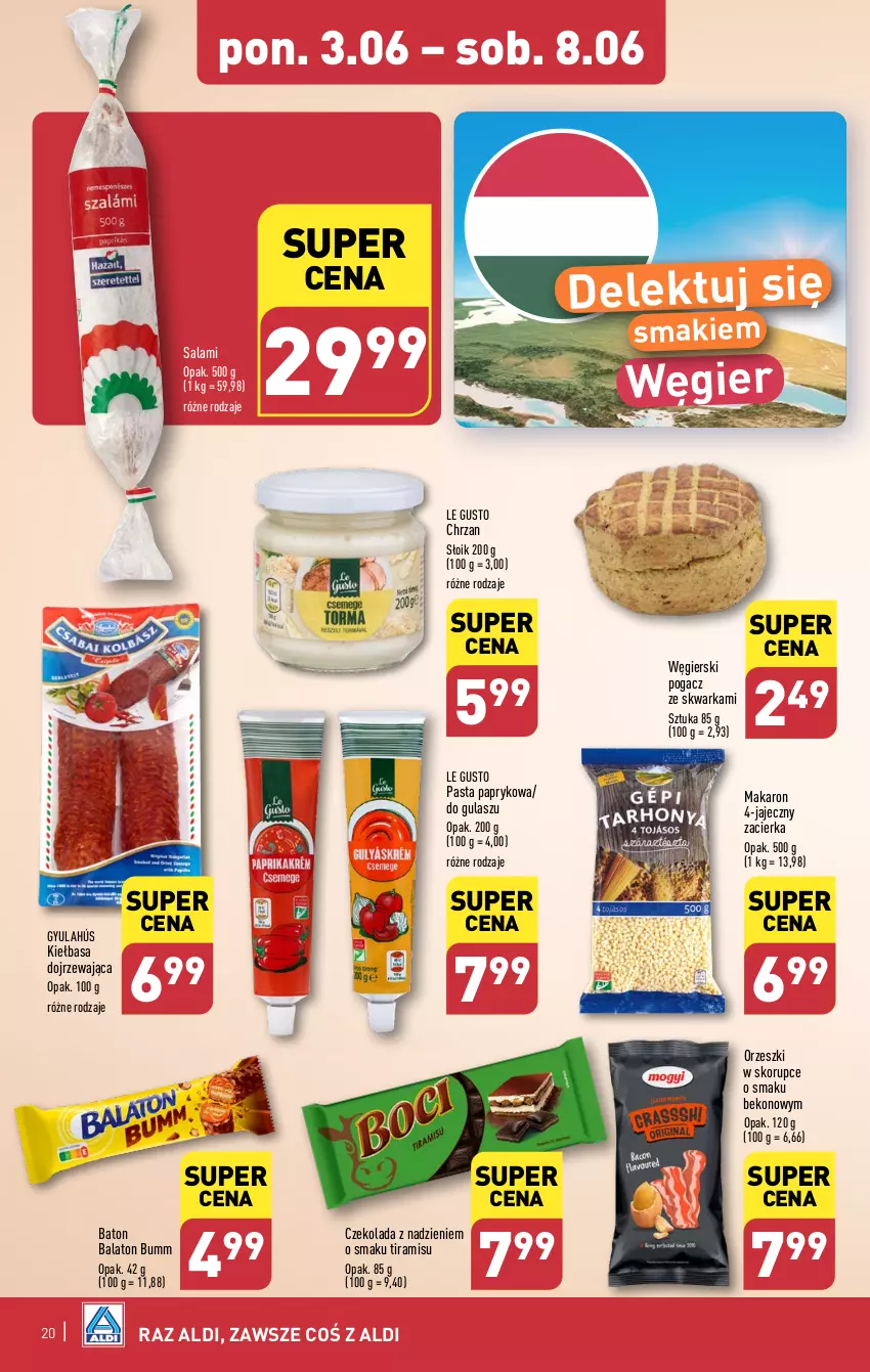 Gazetka promocyjna Aldi - Pełna oferta - ważna 03.06 do 08.06.2024 - strona 20 - produkty: Baton, Beko, Chrzan, Czekolada, Kiełbasa, Makaron, Orzeszki, Orzeszki w skorupce, Salami, Warka, Zacierka