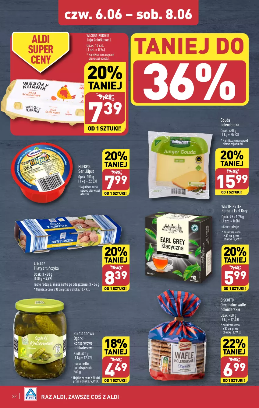 Gazetka promocyjna Aldi - Pełna oferta - ważna 03.06 do 08.06.2024 - strona 22 - produkty: Earl Grey, Gin, Gouda, Herbata, Jaja, Ogórki konserwowe, Ser, Tuńczyk, Wafle