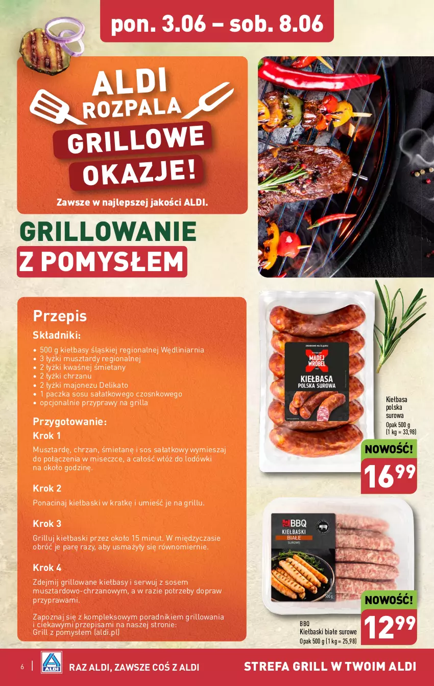 Gazetka promocyjna Aldi - Pełna oferta - ważna 03.06 do 08.06.2024 - strona 6 - produkty: Chrzan, Fa, Grill, Kiełbasa, Kiełbaski białe, Majonez, Mus, Por, Przyprawy, Sałat, Ser, Sos