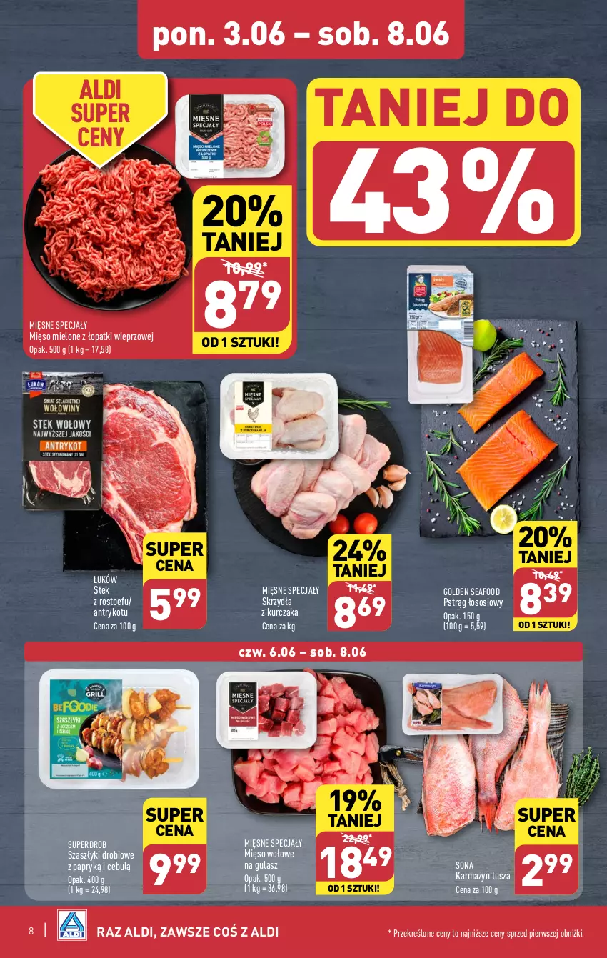 Gazetka promocyjna Aldi - Pełna oferta - ważna 03.06 do 08.06.2024 - strona 8 - produkty: Golden Seafood, Karmazyn tusza, Kurczak, Mięsne specjały, Mięso, Mięso mielone, Mięso mielone z łopatki wieprzowej, Mięso wołowe, Pstrąg, Pstrąg łososiowy, Rostbef, Sos, Stek, Tusz