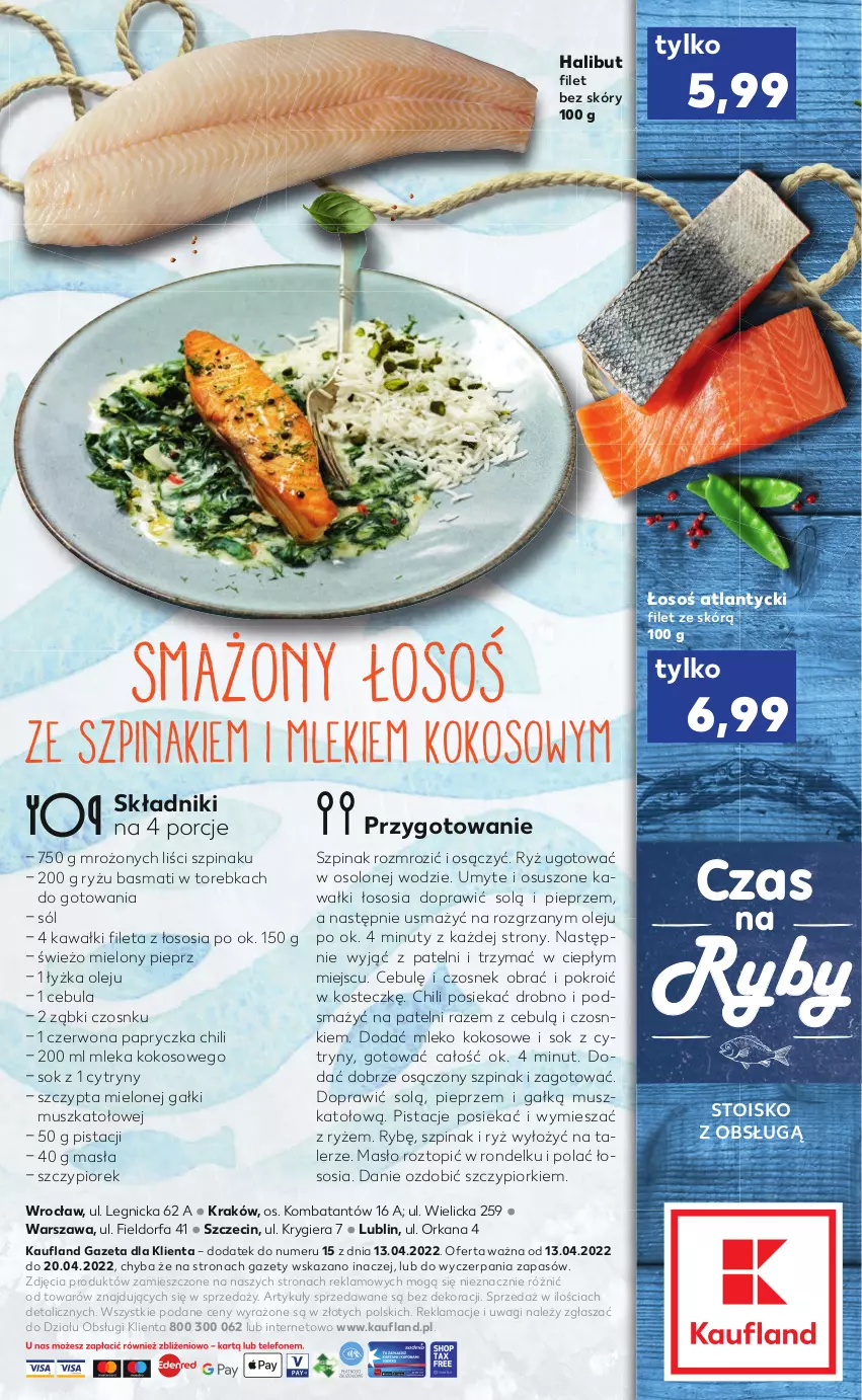 Gazetka promocyjna Kaufland - RYBY - ważna 13.04 do 20.04.2022 - strona 2 - produkty: Cebula, Cytryny, Czosnek, Fa, Halibut, Kawa, Kokos, Masło, Mleko, Mleko kokosowe, Mus, Nuty, Olej, Orka, Pieprz, Pistacje, Por, Rondel, Ryż, Sok, Sól, Sos, Szpinak, Talerz, Top, Torebka, Wagi