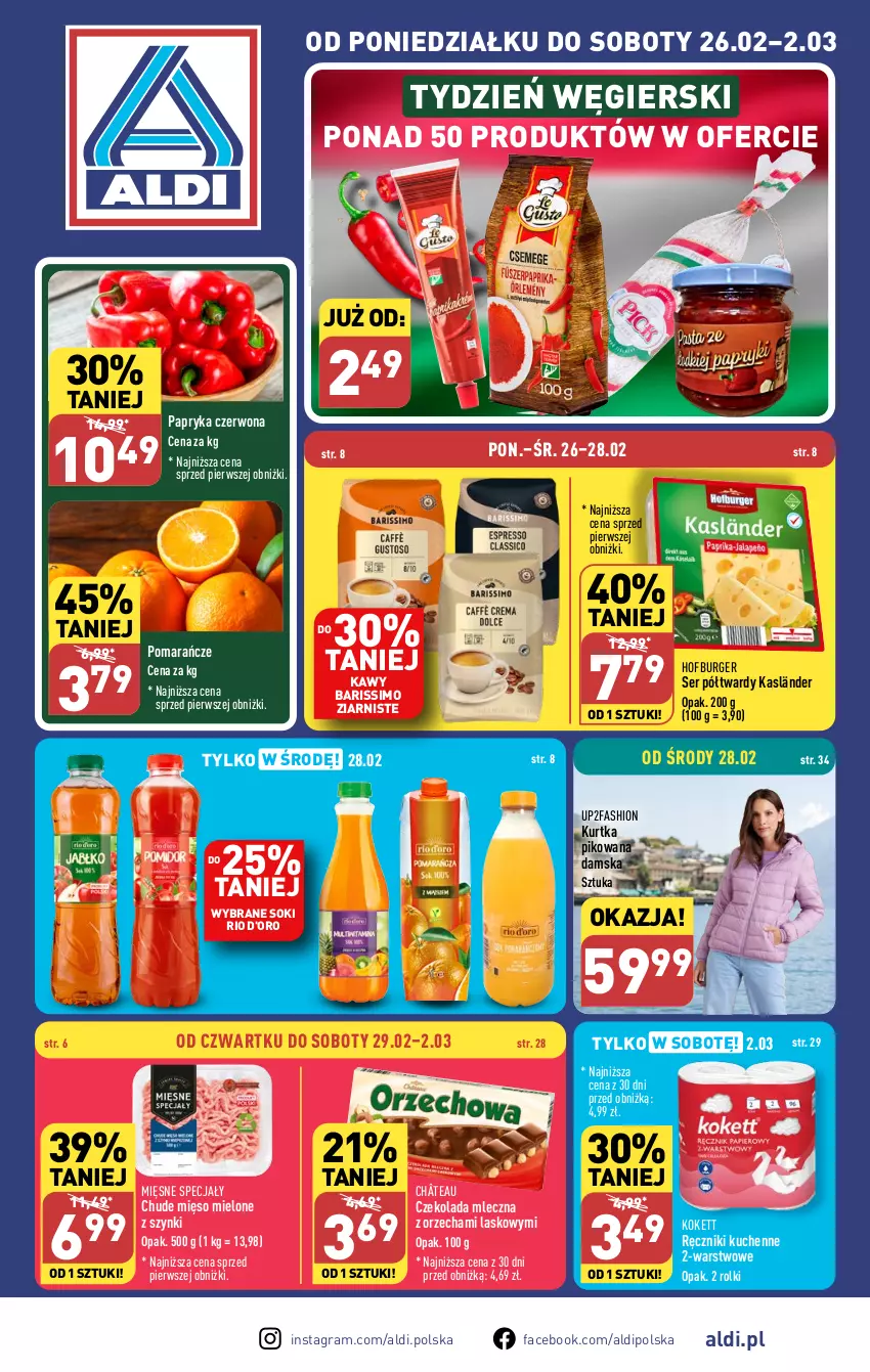 Gazetka promocyjna Aldi - Pełna oferta - ważna 26.02 do 02.03.2024 - strona 1 - produkty: Burger, Czekolada, Czekolada mleczna, Fa, Gra, Hofburger, Kurtka, Mięsne specjały, Mięso, Mięso mielone, Mięso mielone z szynki, Papryka, Papryka czerwona, Pomarańcze, Ręcznik, Rolki, Ser, Sok