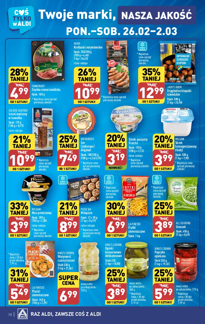 Gazetka promocyjna Aldi - Pełna oferta - ważna 26.02 do 02.03.2024 - strona 10 - produkty: All Seasons, Burger, Fa, Frytki, Gin, Golden Seafood, Groszek, Hofburger, Kawa, Klopsiki, Lack, LG, Limburger, Mus, Ogórki konserwowe, Papryka, Pizza, Ser, Serek, Serek homogenizowany, Serek puszysty, Szynka