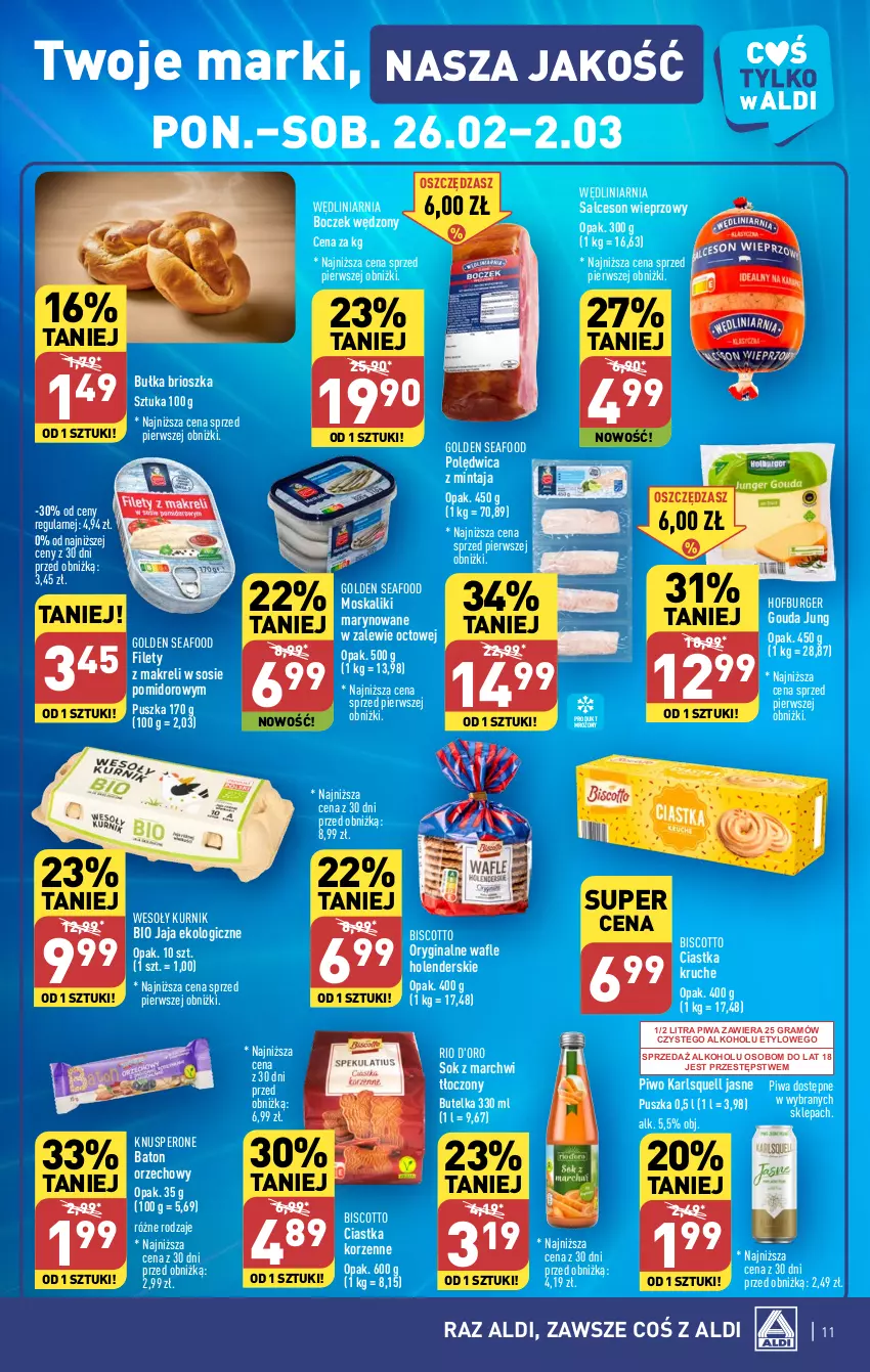 Gazetka promocyjna Aldi - Pełna oferta - ważna 26.02 do 02.03.2024 - strona 11 - produkty: Baton, Boczek, Bułka, Bułka brioszka, Burger, Ciastka, Gin, Golden Seafood, Gouda, Gra, Hofburger, Jaja, Karlsquell, Mintaj, Piwa, Piwo, Polędwica, Salceson, Sok, Sos, Wafle